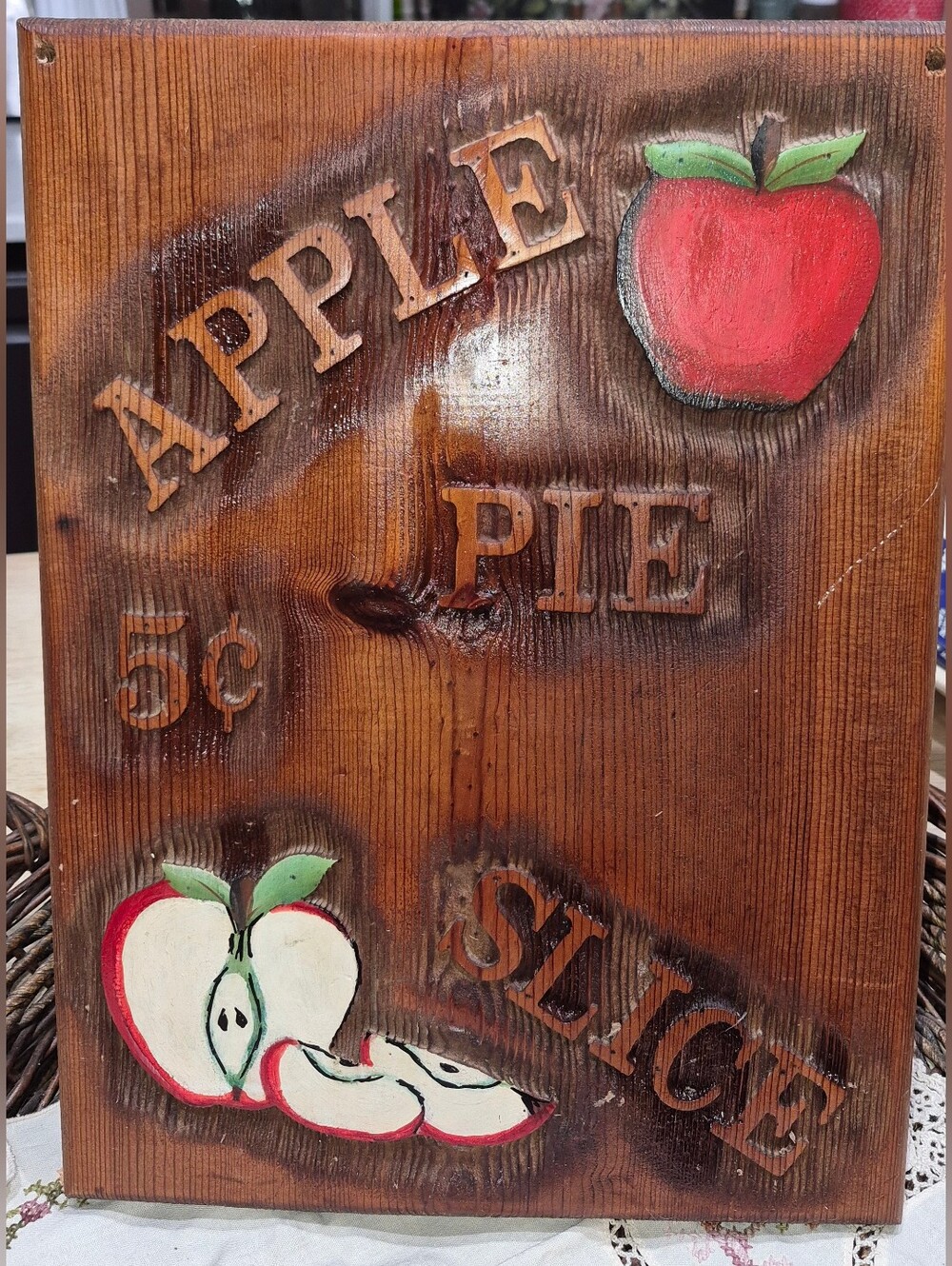 Carved and Painted Wooden Wall Decor sign featuring an Americana-style apple pie